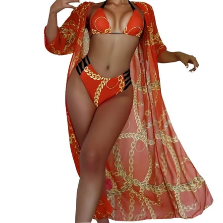 Jamicy Valentine s Day Gifts for Wives Women s Printed Bikini with Long Sleeve Cover Up for Swimwear Three-Piece Split Swimsuit Suit Bathing Suit with Cover Up for Women