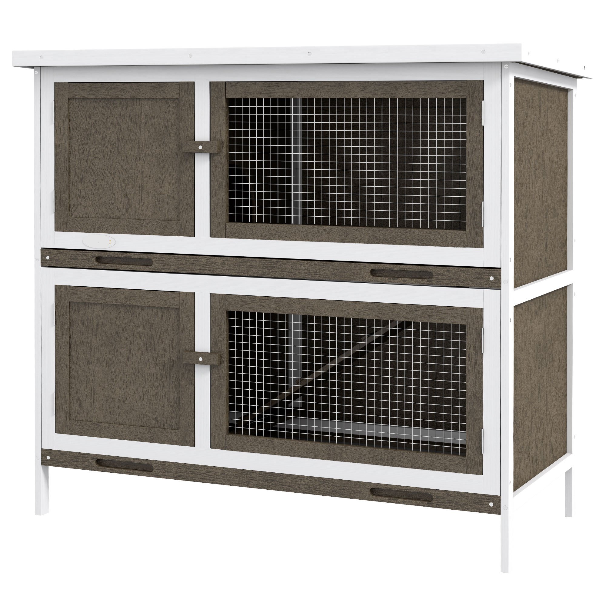 Wooden Rabbit Hutch, Indoor Outdoor Bunny Cage with Ramp - Brown - 2 Story Small Animal Habitat