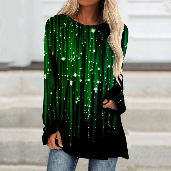 2025 Clearance! Clearance under $5 asdoklhq Womens Plus Size Tops Clearance Women's St. Patrick's Day Printed Round Neck Long Sleeve Loose T-shirt Top