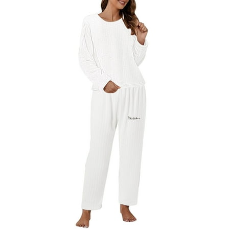 

Women Casual Pajamas Sets Coral Fleece Long Sleeve Tops Long Pants Letter Printing Sleepwear 2PCS Set Nightshirt Sleepshirt Nightgown