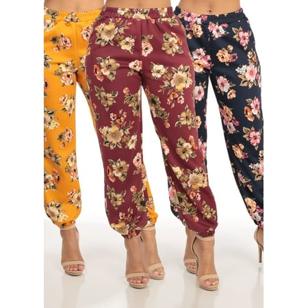 FASHION MEGA DEAL! BEST VALUE! LOOK FOR MATCHING JACKET! Casual Stylish Womens Juniors Trendy High Waisted Floral Print Red Orange Navy Jogger Pants (3 PACK G81) (Best Deals On Orange)