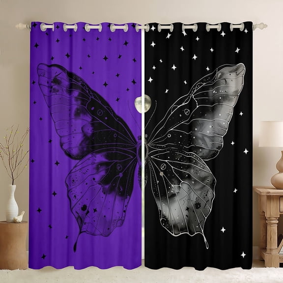 Feelyou Tribal Butterfly Animal Black Out Curtains, Psychedelic Stars Galaxy Curtains Pack of 2 (42x63 Each), Black Purple Bedroom Curtains, Living Room Curtains Decor