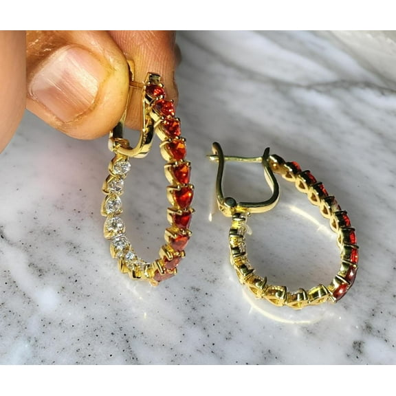 Gaspara Red Garnet Hoop Earrings, 4K Yellow Gold Finish, 925 Sterling
