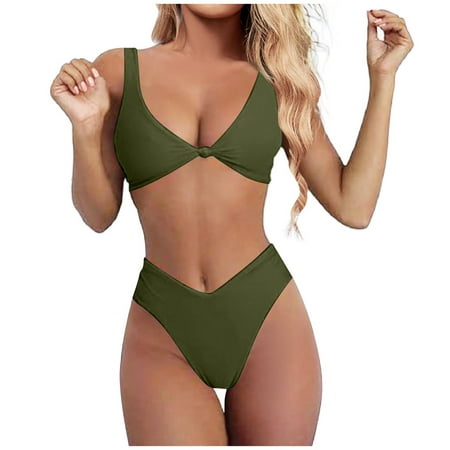 JIANJIA Swim Suits for Women Summer Solid Color Strappy V Neck Knot Front Push Up Bra And Panty Set Two Piece Tankinis Swimwears Beachwear Green XL
