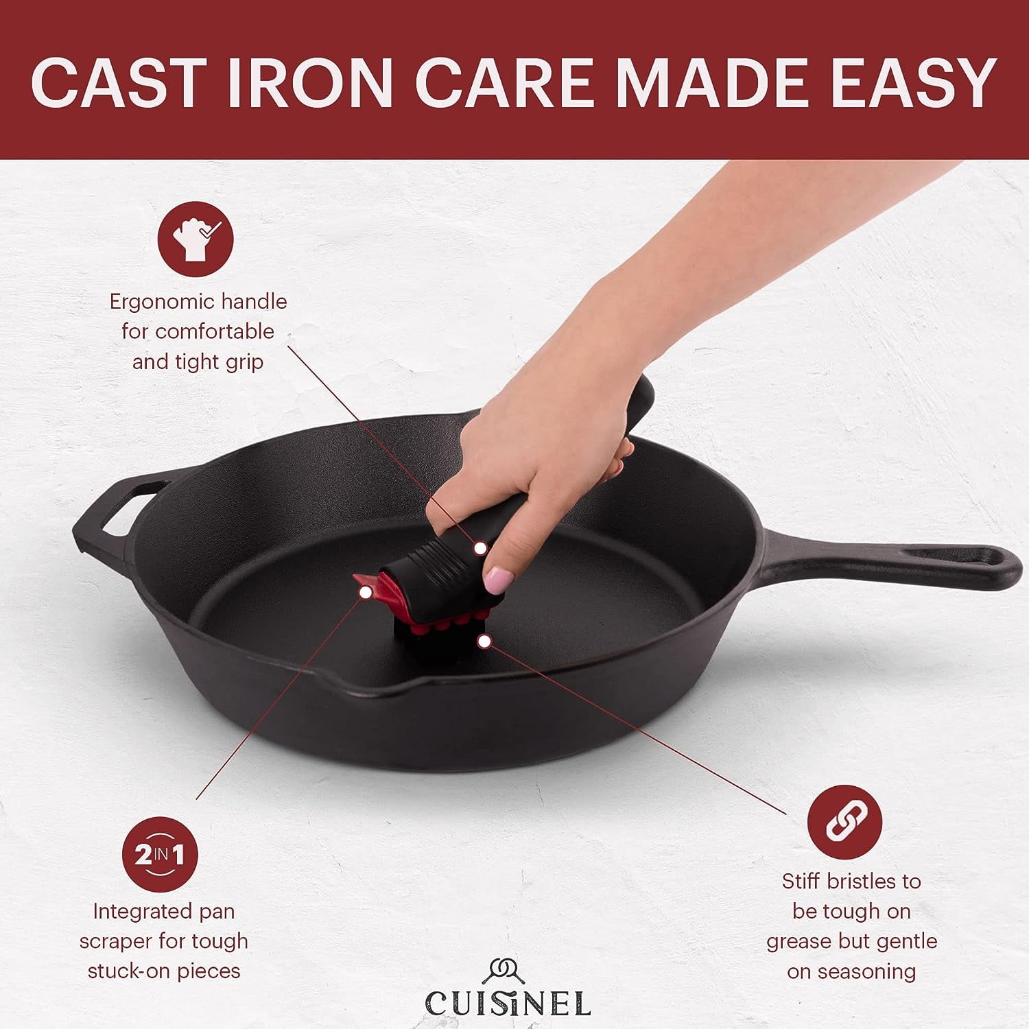 Cuisinel Cast Iron Chainmail Scrubber with Pan Scraper, Skillet Cleaner Kit,  Black 