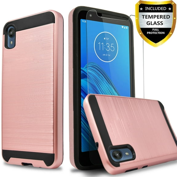 MotoE6 Case, 2-Piece Style Hybrid Shockproof Hard Case Cover with [Tempered Glass Screen Protector] Hybird Shockproof -Rose Gold