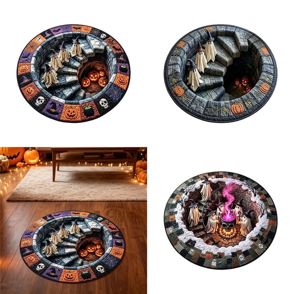 Xlulu Abyss Quilted Round Mat,3D Halloween Rug, Halloween Round Rug Spooky Ghost Pumpkin Optical Circular Floor Mat Halloween Decor Non Doormat