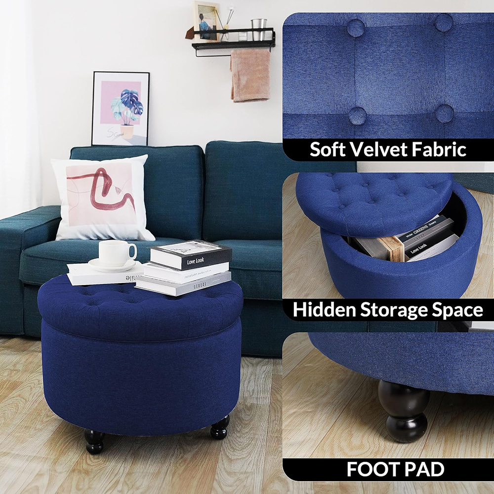 Elevon Large Round Storage Ottoman with Hidden Compartment, Upholstered Accent Ottoman for Living Room and Bedroom, Navy Blue / Blue / Grey