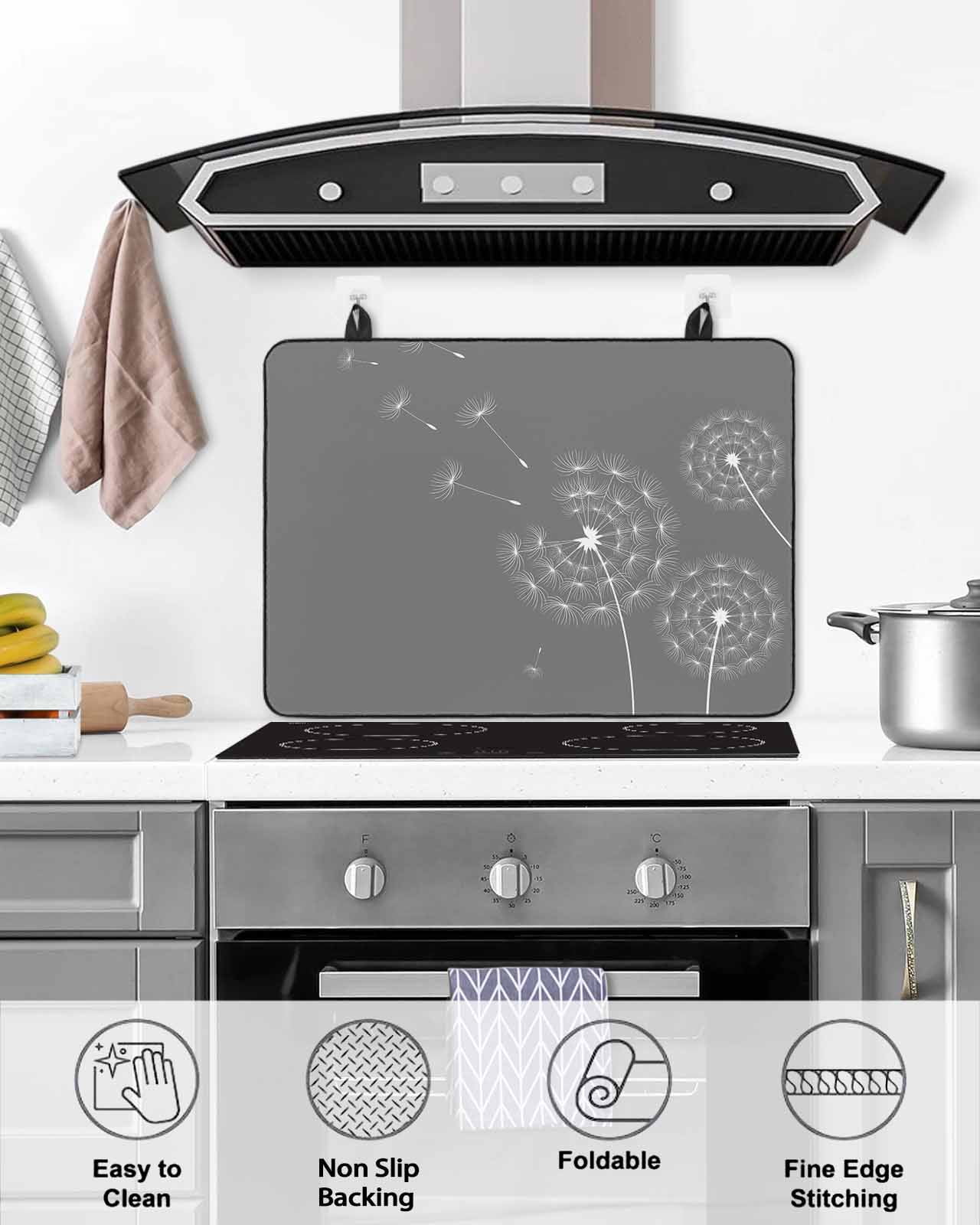 nqOlkjepod Large Induction Cooktop Protector Mat 24"x21", Grey Dandelion Stove Top Covers for Electric Stove, Abstract Art Simple Floral Decorative Stove Burner Cover Mats, Glass Top Stove Cover