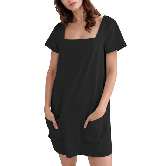 HXWCHs Robe à Col Rond Robe d'Été Décontractée pour Femmes Tenue à Col Rond Couleur Unie Confortable Respirante Élégante avec Leggings Noir G