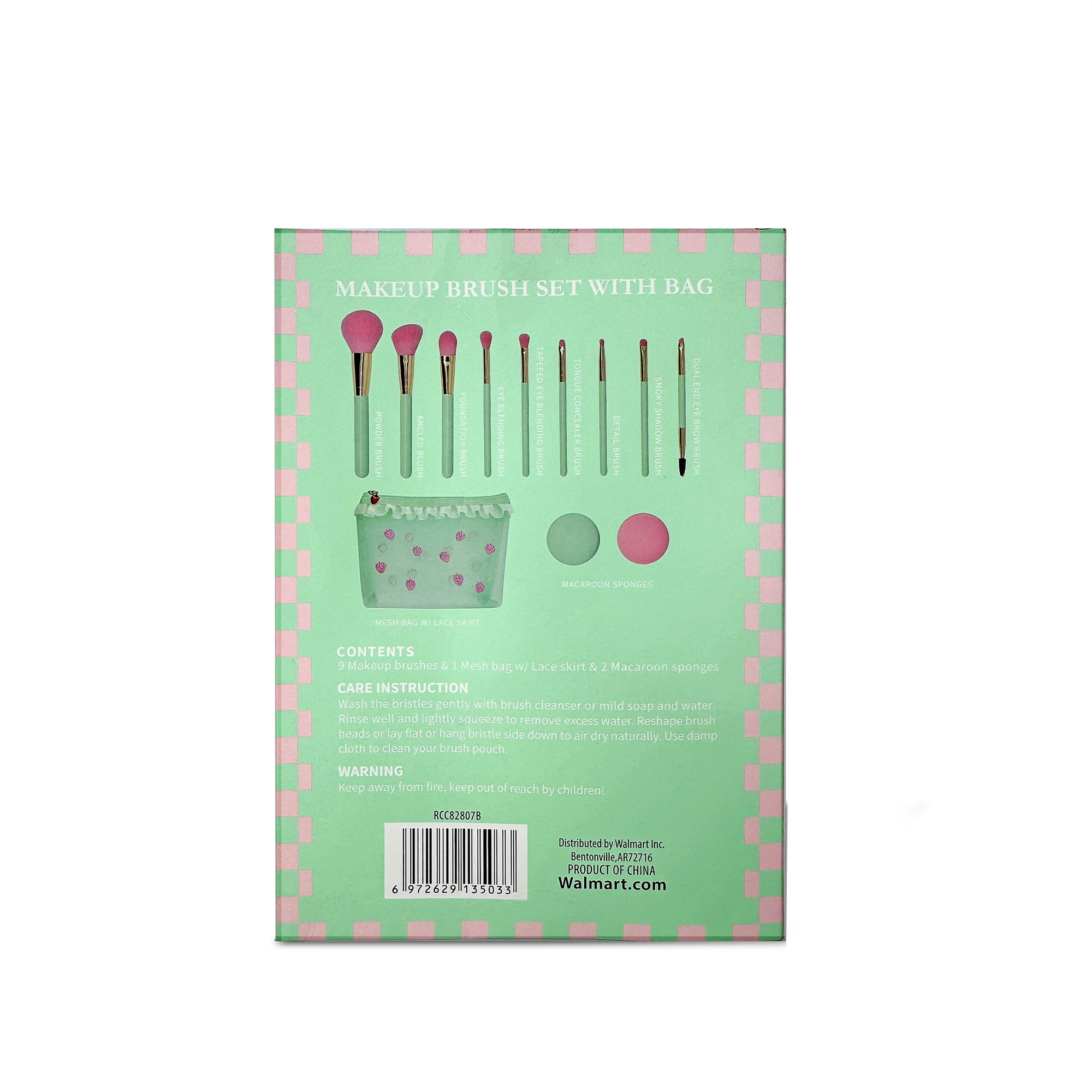 Makeup Brush Set with Bag, Green and Pink, 12 Pieces