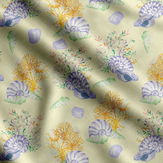 Soimoi Sea Shell Print, Silk Fabric, Decor Sewing Fabric by The Yard 42 Inch Wide,Decorative Fabric for Shirts Suits Ties, Light Yellow