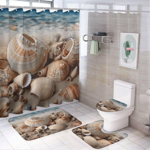Bathroom Set, Seashells by The Seashore Printed Bathroom Set,Bathroom Set 4-Piece Set,Bathroom Set with Shower Curtain Sets and Carpet