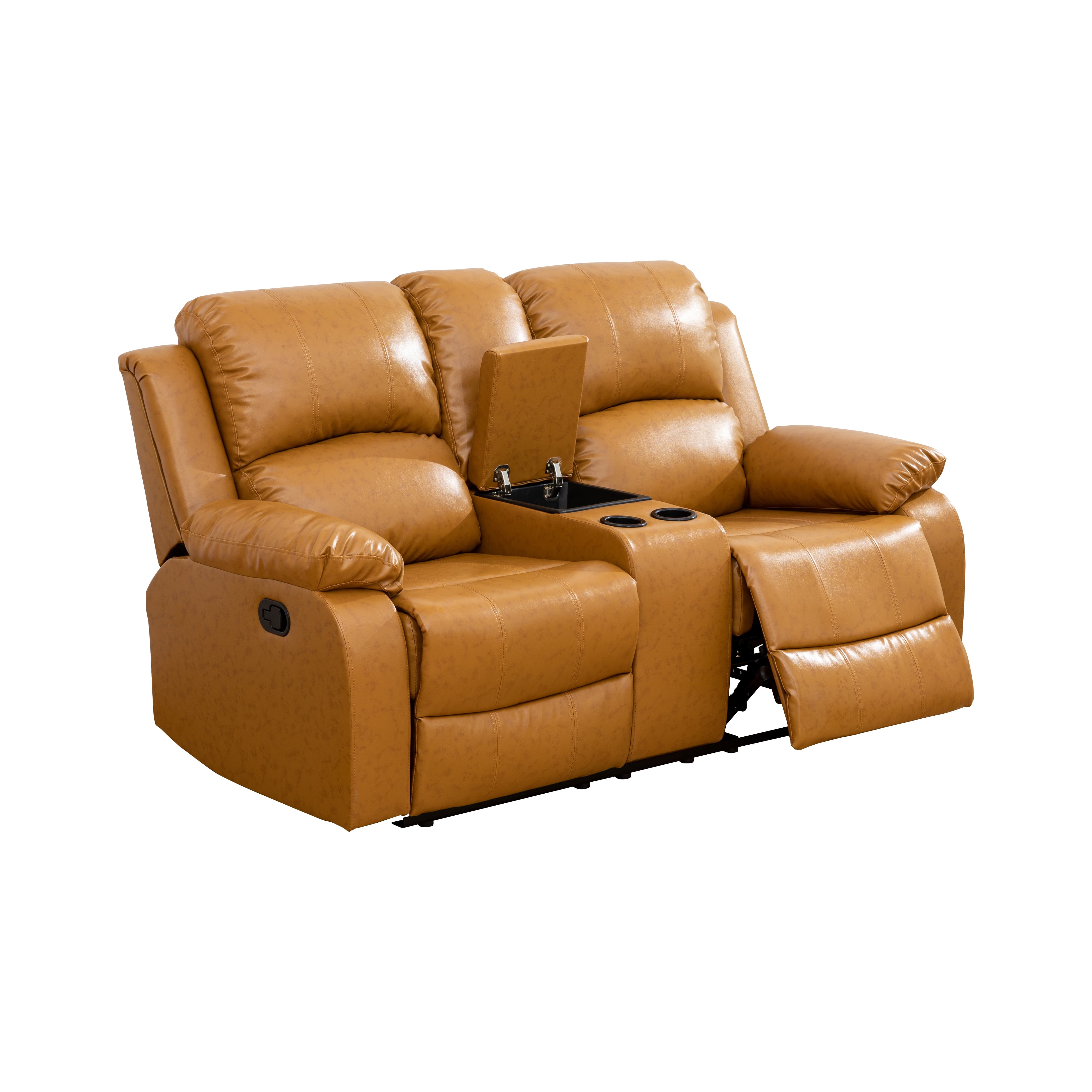 MAYEERTY Reclining Loveseat, 2-Seat Wear-Resistant Fabric Recliner with Storage & Cup Holders for Living Room, Ginger