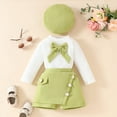 thumbnail image 2 of Toddler Girl Winter Clothes Solid Long Sleeve Bowknot Ribbed T-Shirt Knit Cotton Tops Plaid Button Mini Skirts Hat Set Outfits 6-9 Months,Green, 2 of 6