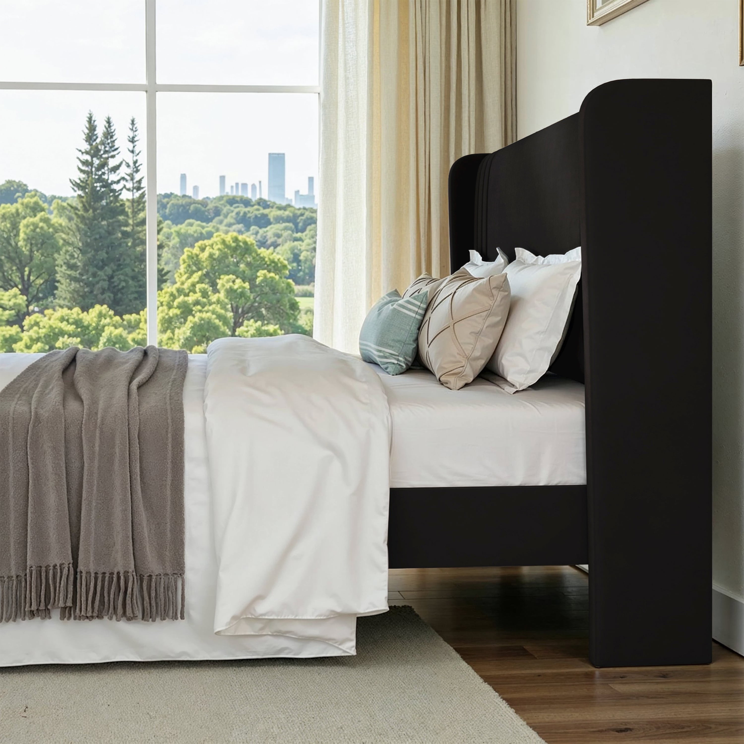 Einfach Queen Size Upholstered Bed Frame, Platform Bed with Velvet Wingback Headboard, Black