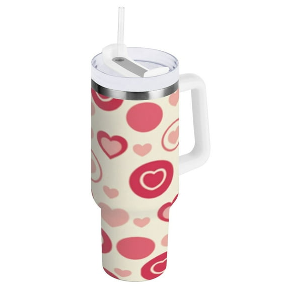 Heart on Circle Tumbler with Handle and Straw Lid 40 oz Insulated Vacuum Water Bottle Stainless Steel Travel Cup