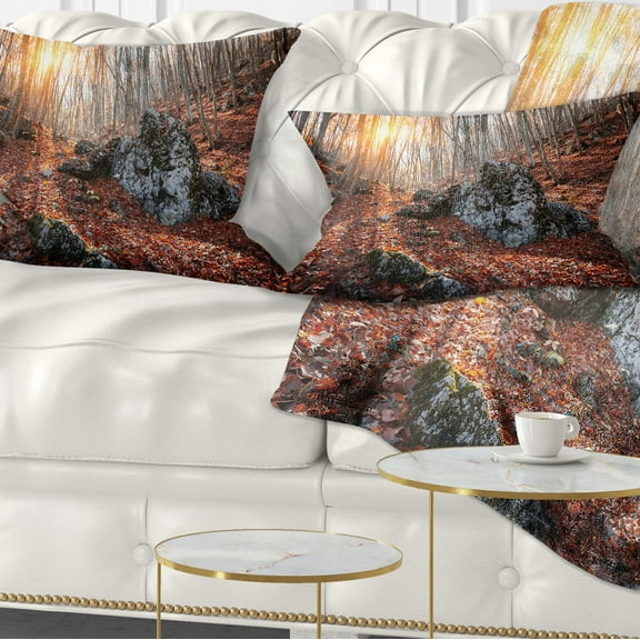 Designart Rocky Red Autumn Forest - Landscape Photography Throw Pillow - 12x20