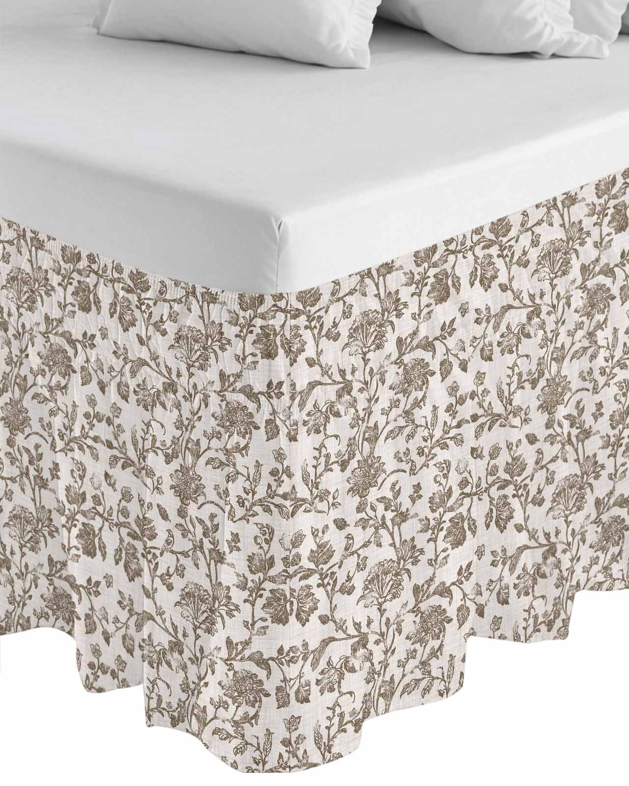 Farmhouse Brown Bed Skirt Cal King Size, Vintage Flower Leaf Botanical Plant Wrap Around Bed Skirting with Adjustable Elastic Strap, Dust Ruffled Pleated Bedskirts 16 Inch Drop for Bedroom Beds