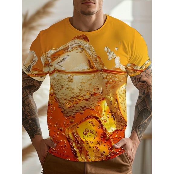 Men's Beer Print T-shirt with Realistic Lager and Ale Beer Glass Designs- Short-sleeved, Round-neck, Casual Summer T-shirt, Suitable for Beer Lovers, Machine Washable