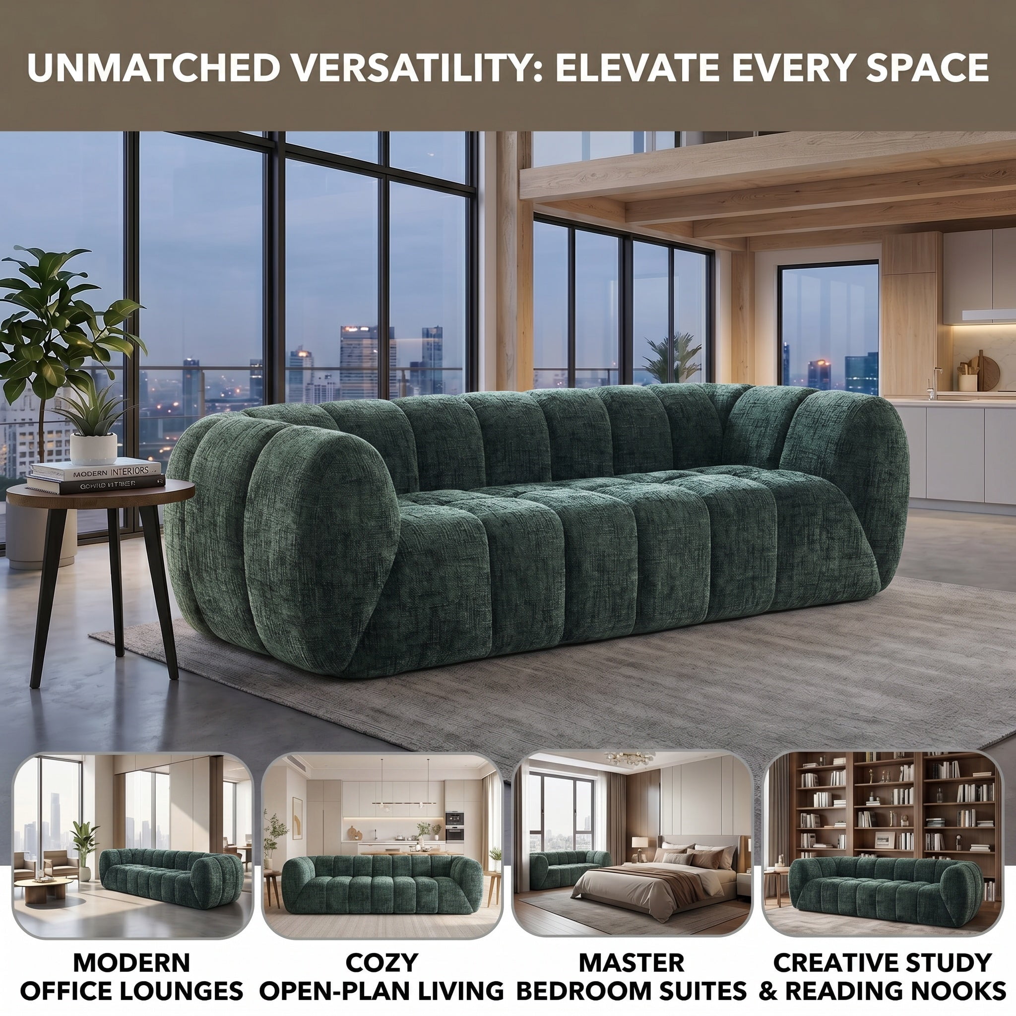 Sailvan 3-Seater Modern Quilted Cloud Sofa, Deep Seat Chenille Pure Foam Couch for Living Room Green