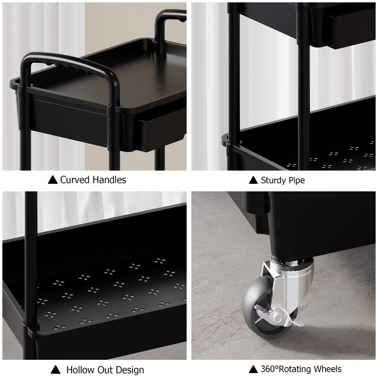 LLMRR 4 Tier Rolling Utility Cart with Drawer, Cart with Drawer & Handle, Bathroom Cart Organizer, Rolling Storage Cart with Drawer, Rolling Cart with Lockable Wheels for Kitchen, Office, Black