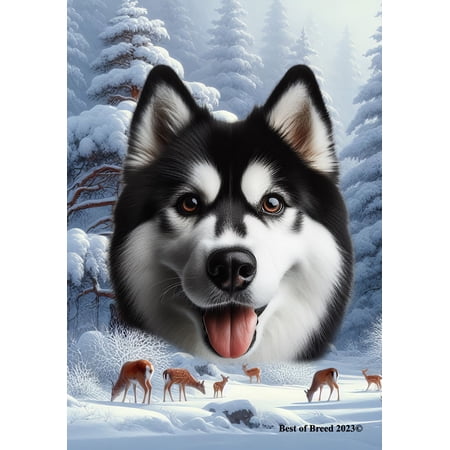 Siberian Husky Black/White - Best of Breed Winter Wonderland Garden Flag 12" x 17"