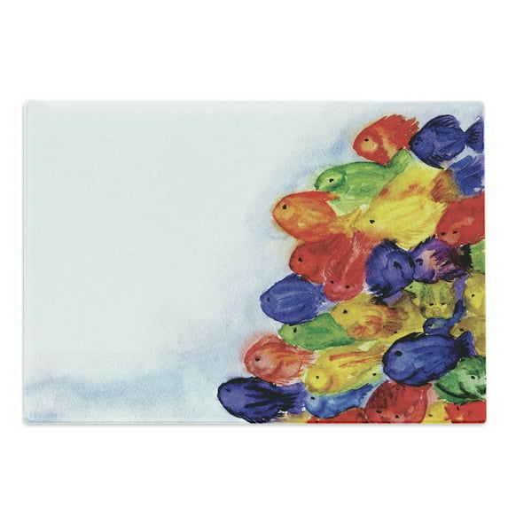 Watercolor Flower Cutting Board, Group of Murky Mix Fish Sea Animals in Dark Motley Abstract Art Image, Decorative Tempered Glass Cutting and Serving Board, Large Size, Multicolor, by Ambesonne
