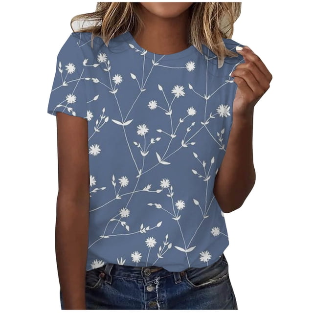 Pompotops T-Shirt Décontracté à Manches Courtes Imprimé Plissé Col Rond Ample pour Femmes