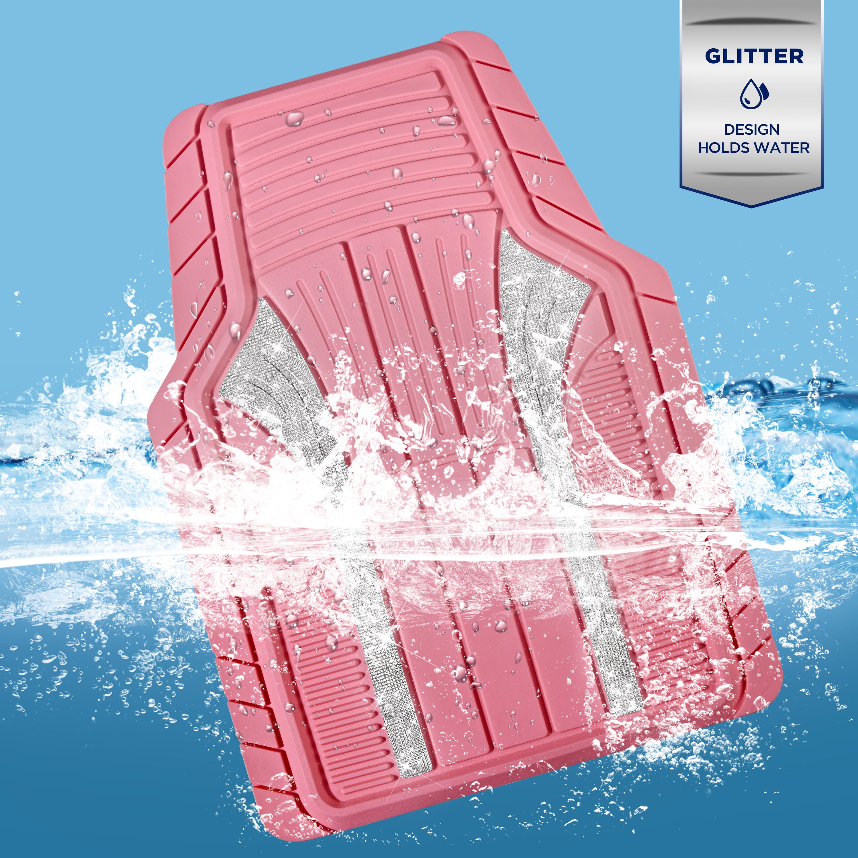PIC AUTO Bling Rubber Floor Mats - Sparkly Glitter Hot Pink Car Mats Set, Heavy Duty All-Weather Waterproof Pads for Girls & Women, Universal Fit-Hot Pink
