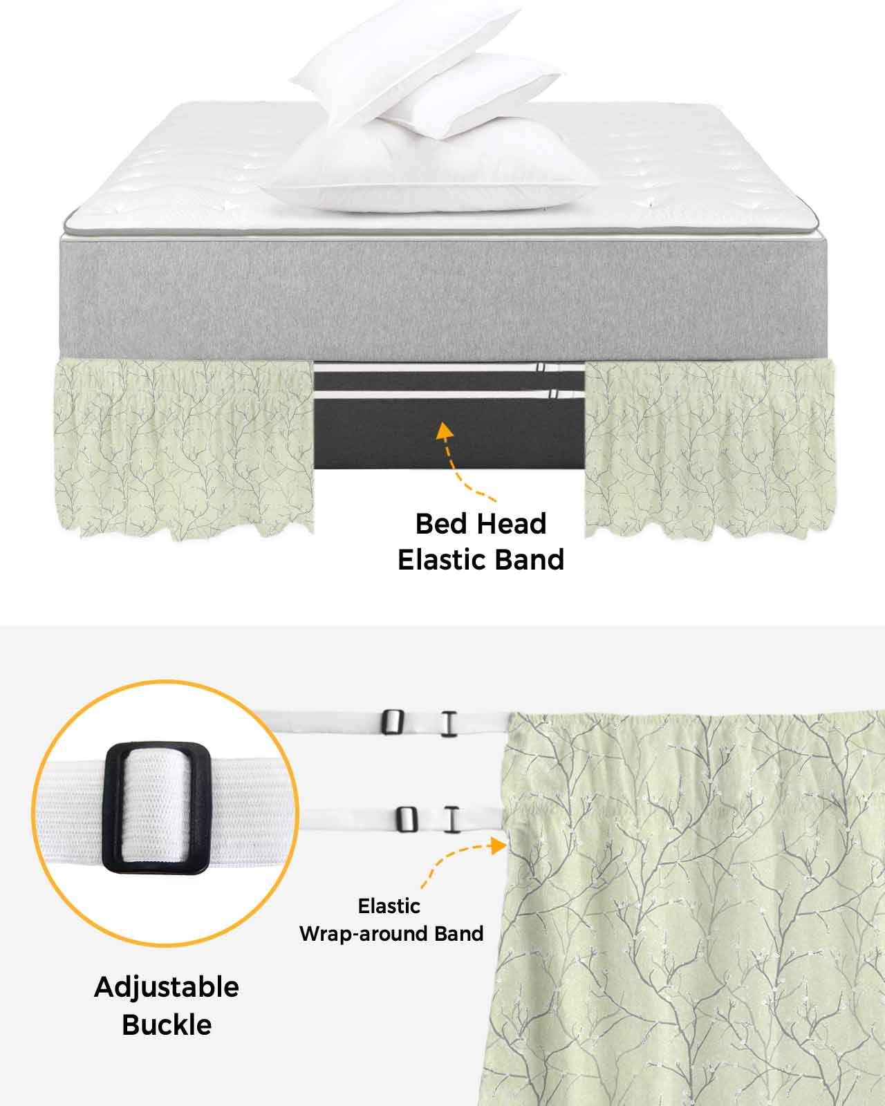 Sage Green Branches Bed Skirt Cal King 18 Inch Drop, Wrap Around Bed Skirts, Vintage Art Farmhouse Elastic Bedskirt Pleated Bed Frame Cover Luxurious Dust Ruffle for Cal King Bed