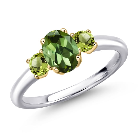 Gem Stone King 10K Two Tone Gold Green Tourmaline and Green Peridot Engagement Ring for Women | 1.11 Cttw | Oval 7X5MM | Gemstone October Birthstone | Size 6