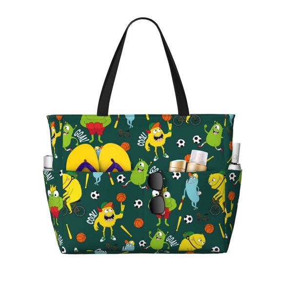 Gaeub Sport Monster Print Beach Bag,Large Tote Bag,Waterproof Sandproof Women Tote Bag,Pool Bag with Zipper for Gym Grocery Travel