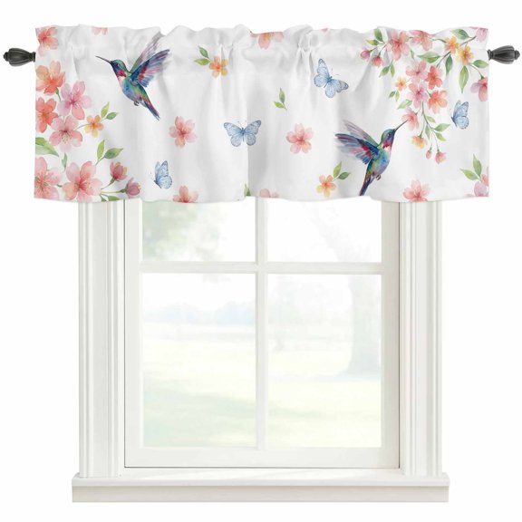 Watercolor Hummingbird Flowers Window Valance Curtain Country Spring Pink Cherry Rod Pocket Valance for Windows Short Curtain for Living Room, Bedroom & Kitchen Window Decor 42x12in