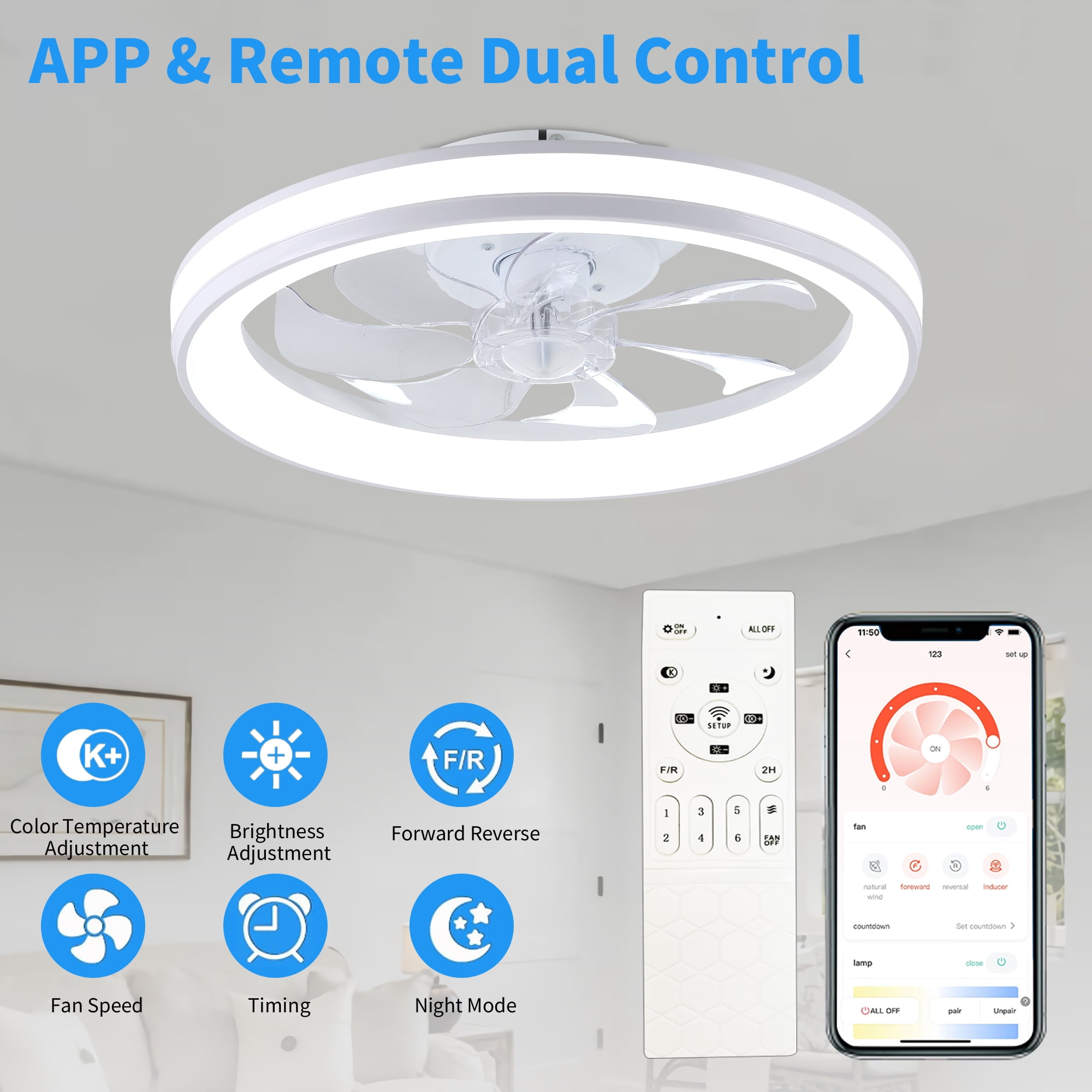 AGTANA 20'' Bladeless Ceiling Fans with Lights, Remote & APP Control, 3 Colors Dimmable, 6-Speeds