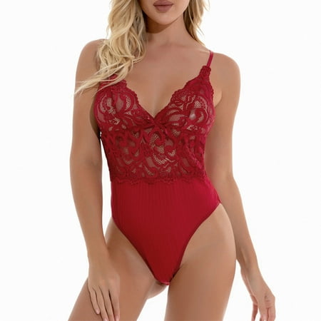

Uorcsa Plus Size Lace V Neck Underwear Erotic Sling Bodysuit Patchwork Women Temptation Lingerie Sets Red