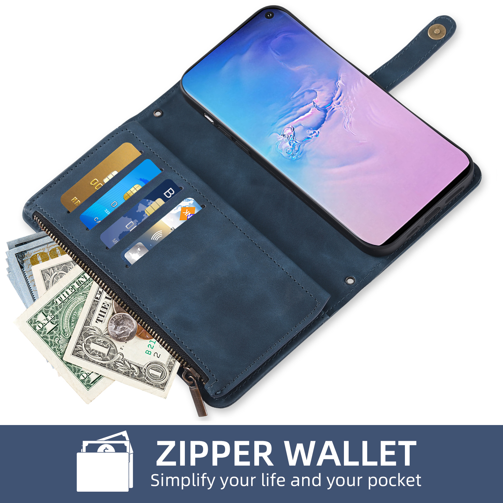 Asuwish Phone Case for Samsung Galaxy S10 Wallet Cover With Tempered Glass Screen Protector Crossbody Wrist Strap Flip Pattern Zipper Credit Card Holder Stand Cell S 10 Edge 10S GS10 X10 Women Blue