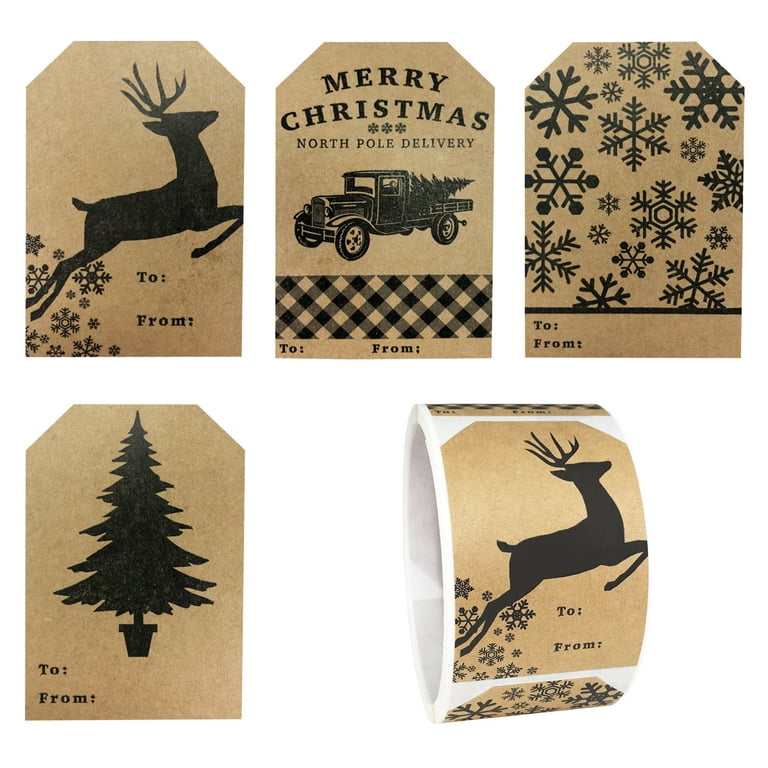 Brown Kraft Christmas Gift Tags Holiday Present Stickers,2 x 3 inches -  Various Different Designs, 300Pc/Roll 