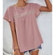 thumbnail image 4 of Top de manga corta con cuello redondo para mujer, blusa informal elegante de encaje de Color puro para trabajo de oficina, rosa M, 4 of 7