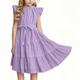 thumbnail image 2 of AUNVITO Girls Summer Dress | High-Necked A-Line Dress with Ruffled Sleeves & Tiered Flared Skirt | Waist Tie Party Dress for Toddlers Age 5-15Years, 2 of 6