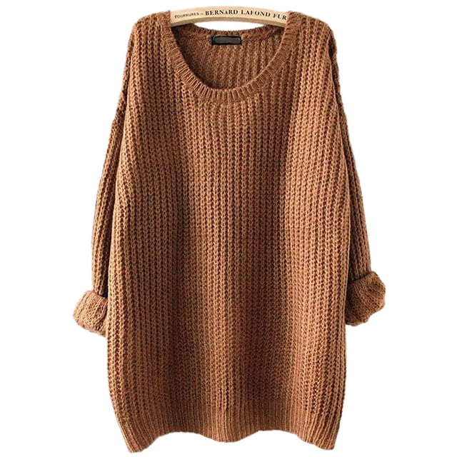 ARJOSA Women's Fall Sweaters Pullover Oversized Crew Neck Long Sleeve Knit Sweater Tunic Tops (Large, Brown)