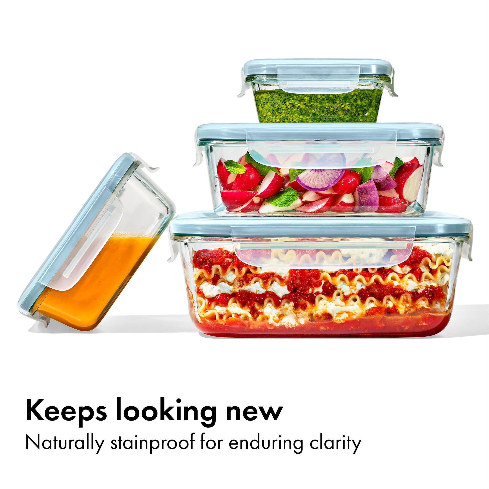 OXO Smart Seal 8-Piece Rectangle Glass Food Storage Container Set, Arctic Blue
