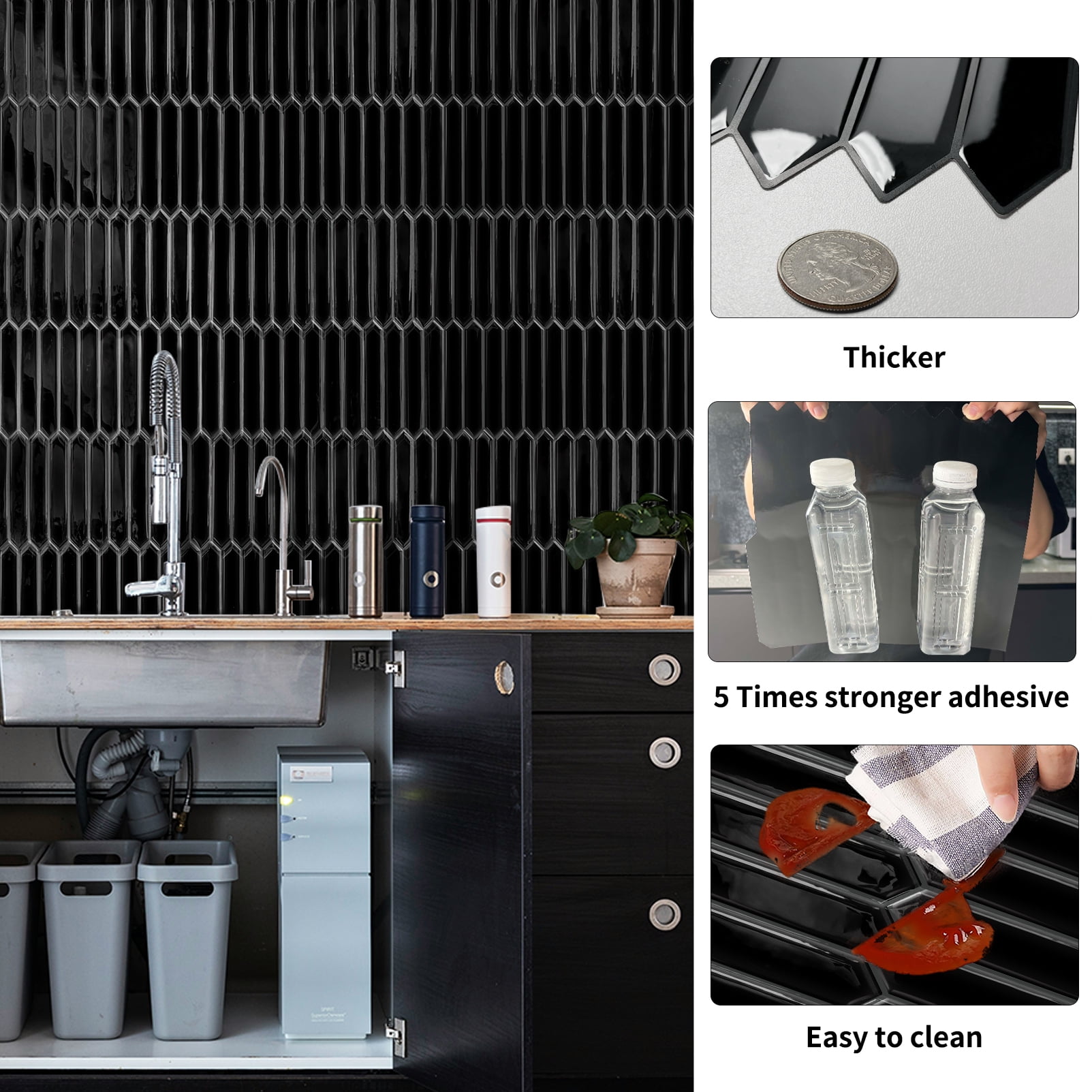 DEWOO Black Tile Peel and Stick Backsplash, 10 Sheets Self-Adhesive Wall Tiles Stick on Back Splash for Kitchen, Bathroom, Fireplace,RV(12"×12",Black Marble)