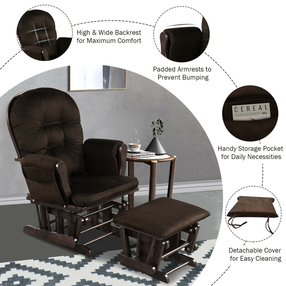 Costway Glider and Ottoman Cushion Set Wood Baby Nursery Rocking Chair Brown