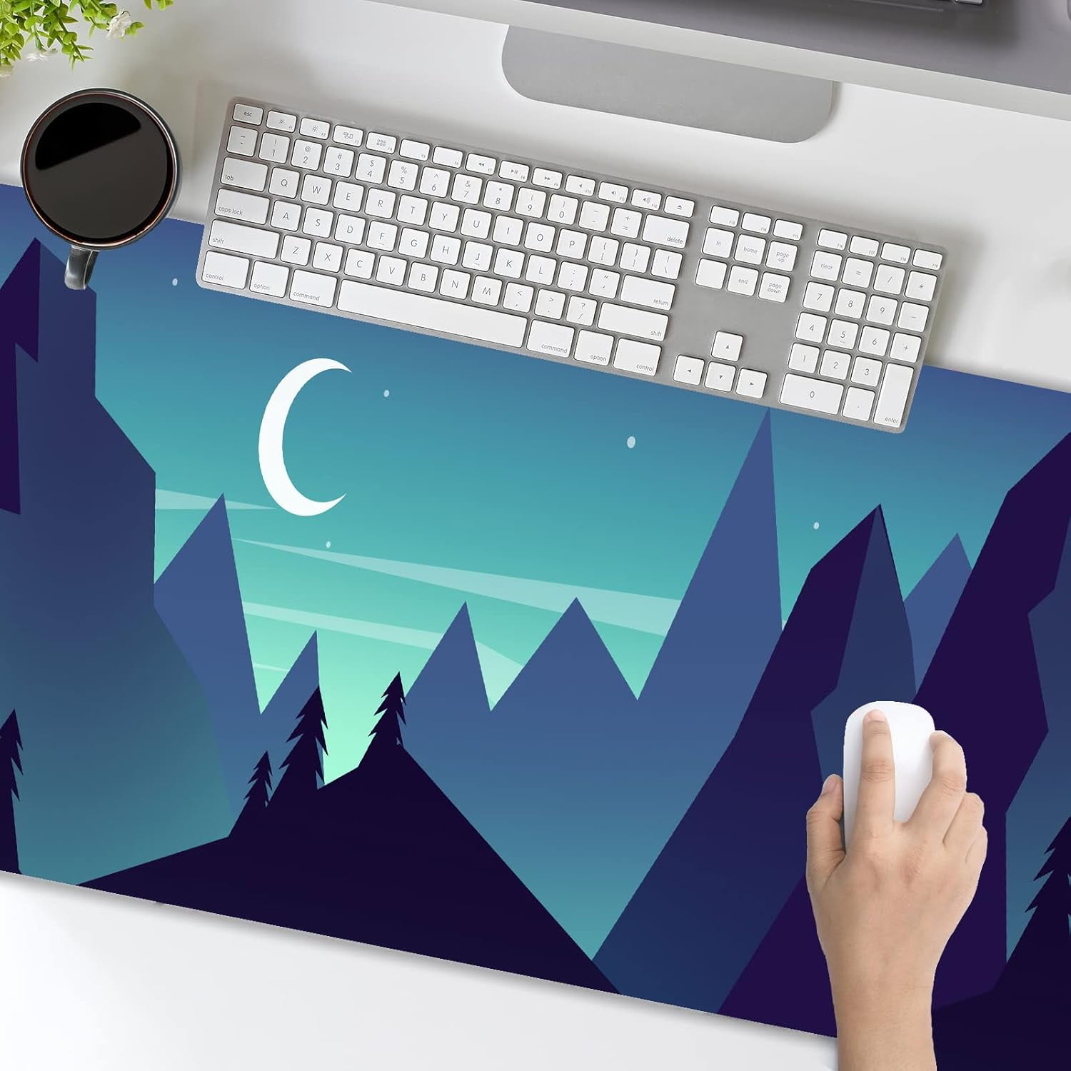 Mouse Pad Forest Mountain Large Mousepad Office Decoration Desk Mat, Moon Stars Blue Waterproof Mousepad for Desktop Wireless Mice, Non-Slip Rubber Base Mouse Mat, 31.5x11.8 Inch BDZXSE009