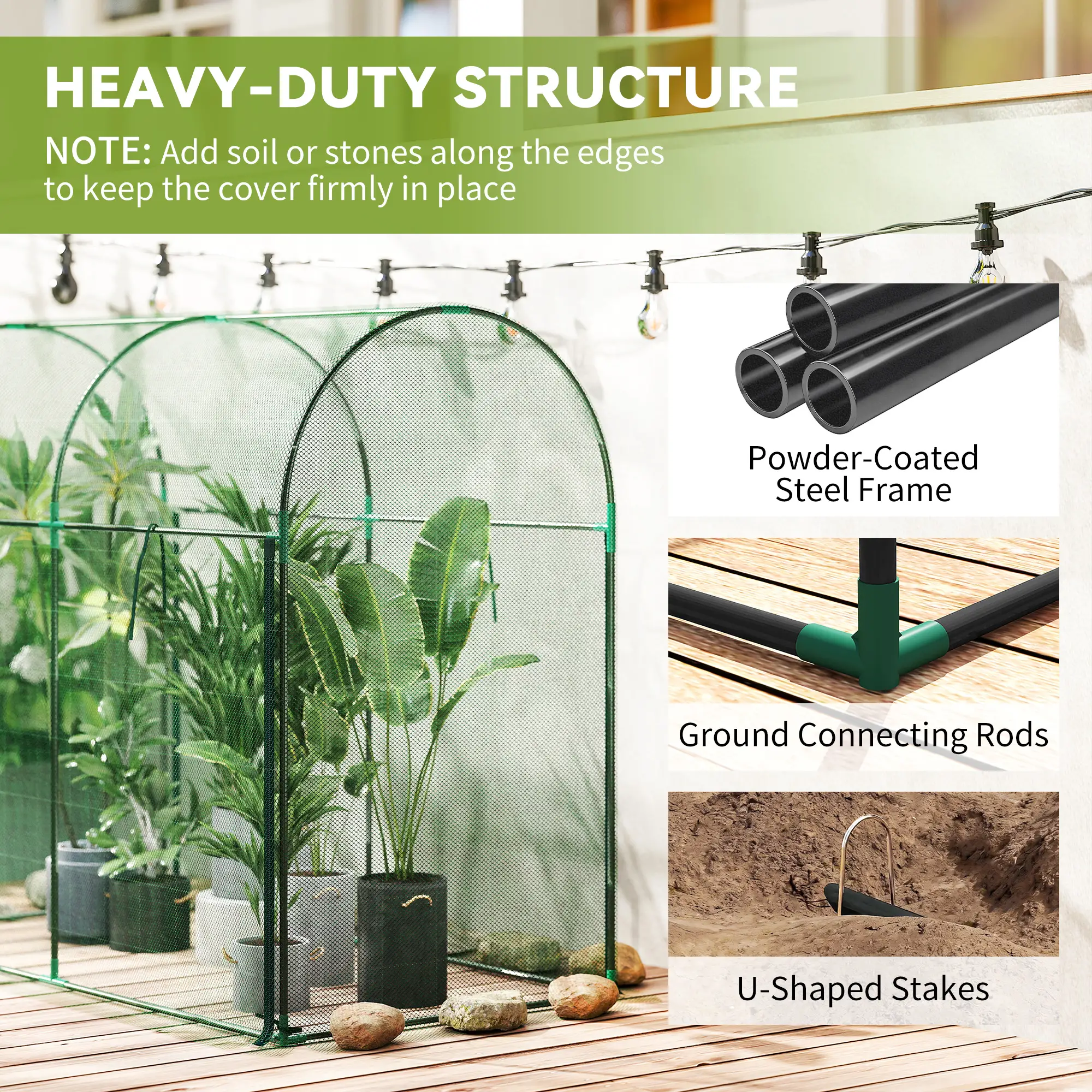 Plant Protector Crop Cage for Tall Vegetables & Climbing Crops, HDPE Mesh Cover, Powder-Coated Steel Frame, Roll-Up Zippered Door with U-Shaped Stakes
