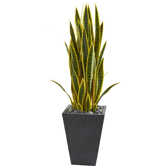Nearly Natural 3.5' Plastic/Polyester Sansevieria Artificial Plant in Slate Planter, Green