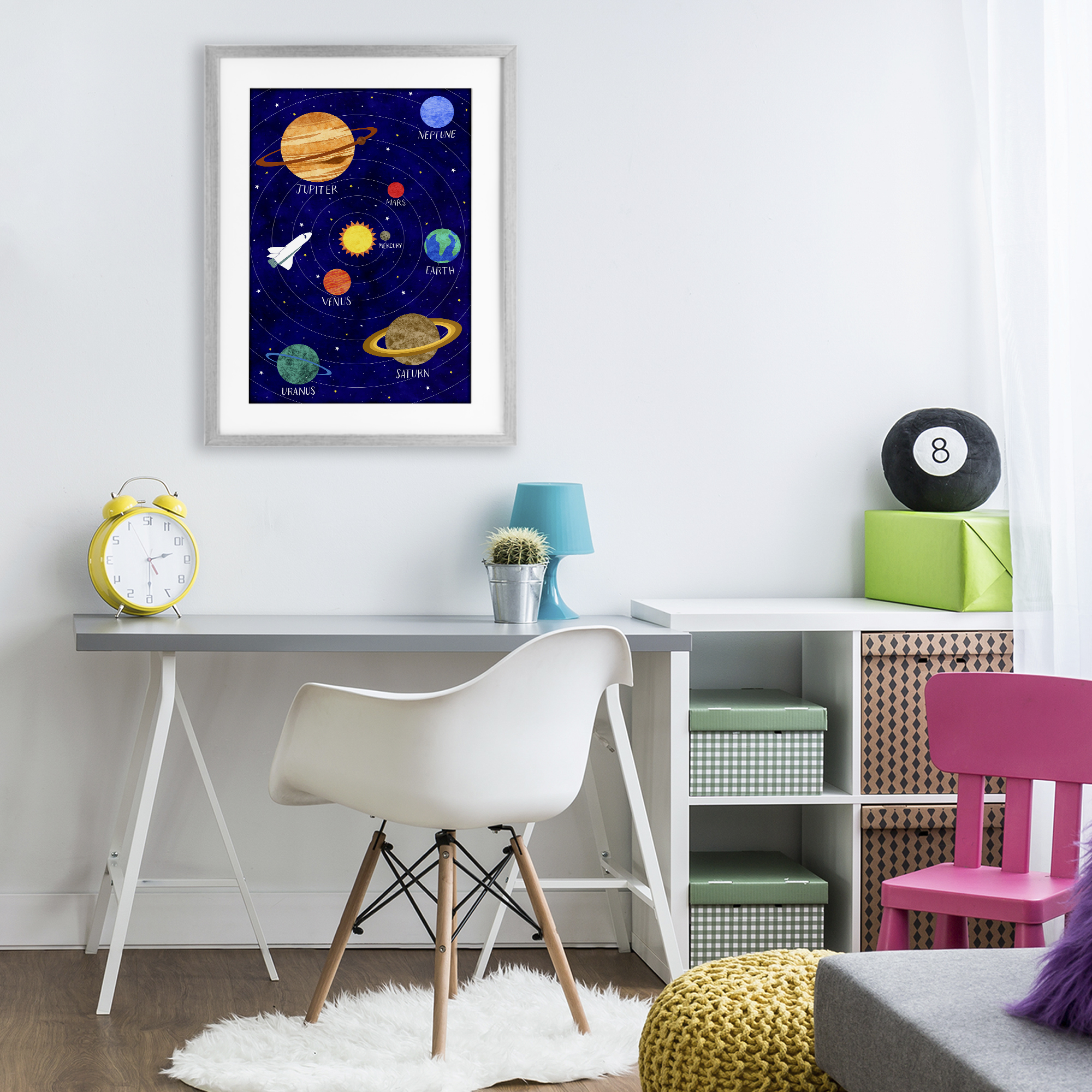 Solar System Education Gray Framed Print Under Glass, design by Elizabeth Caldwell