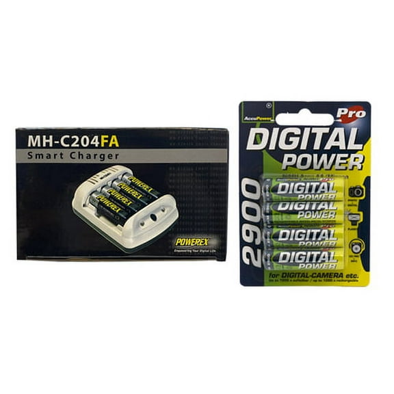 Powerex MH-C204FA AA / AAA Smart Battery Charger & 4 x AA NiMH AccuPower Rechargeable Batteries (2900 mAh) Charger