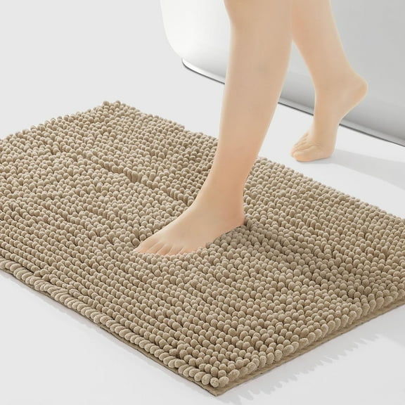 Chenille Bathroom Rugs Mat 24"x17", Non-Slip Bath Mat for Bathroom Floor & BathTub, Washable Soft Shower Shag Bath Rugs, Fluffy Thick Water Absorbent Microfiber Shower Mat, Light Brown